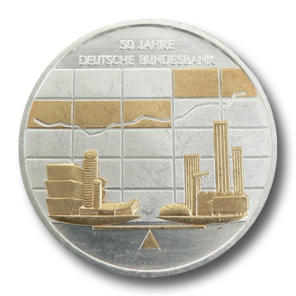 10 Euro BRD - 50 Jahre Deutsche Bundesbank Silbermünze (2007) - teilvergoldet